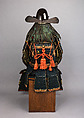 Armor (<i>Gusoku</i>) with Box, Helmet bowl by Neo Masanobu 根尾正信 (Japanese, active early 18th century), Iron, leather, lacquer, textile, silver, gold, brass, copper-gold alloy (shakudō), copper-silver alloy (shibuichi), feather, wood, glass, boar bristle, Japanese