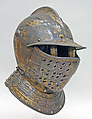 Close Helmet with Falling Buffe, Attributed to Pompeo della Cesa (Italian, Milan, ca. 1537–1610), Steel, gold, Italian, Milan