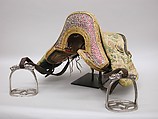 Saddle from the Surkhang Family, Silver, gilt brass, copper, wood, leather, textile (silk), Eastern Tibetan