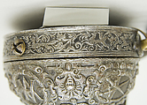 Priming Flask Bearing the Monograms and Arms of the Prince-Elector August I of Saxony (reigned 1553–86) and  Anna of Denmark (reigned 1553–85), Iron, gold, silver, silk, German, probably Saxony