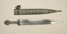 Dagger (Kindjal) with Scabbard, Steel, wood, silver, niello, Caucasian, possibly Kubachi, Dagestan