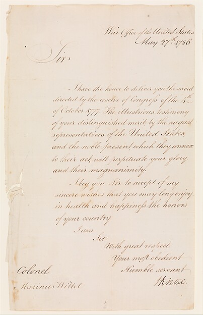Letter from Henry Knox (1750–1806), Secretary of War, to Colonel Marinus Willett (1740–1830)