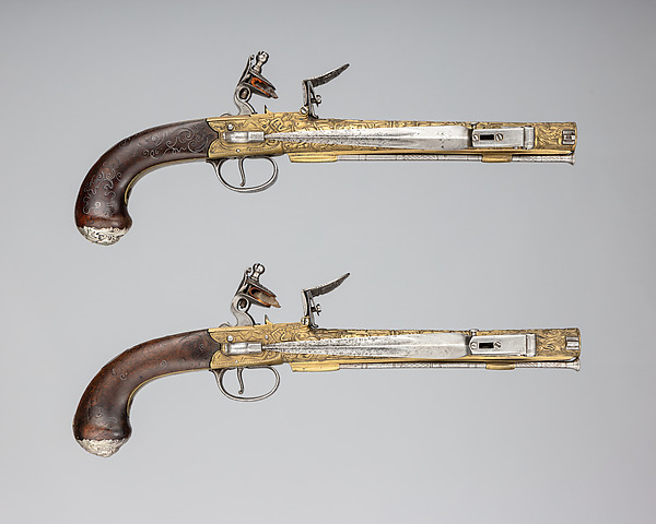 Pair of Flintlock Box-Lock Pistols with Bayonets