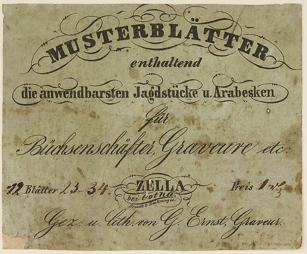 <i>Musterblätter enthaltend die anwendbarsten Jagdstücke u. Arabesken für Büchsenschäfter, Graveure etc.</i> (Zella bei Gotha, n.d. [1849/50]) (Patternbook of Engraved Designs for Firearms Ornament), from the workshop of Louis D. Nimschke (1832–1904)