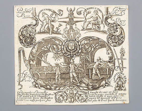 Engraving Depicting the Interior of a Gunmaker’s Workshop, from the Pattern Book
<i>Plusieurs Models des plus nouuelles manières qui sont en usage en l'Art d'Arquebuzerie auec les
Ornements les plus Conuenables: le tout tiré des Ouurages de Thuraine et le Hollandois Arquebuziers
Ordinaires de Sa Maiesté et graué</i> by Thuraine (French, Paris, active mid-17th century) and Adrien
Reynier, called Le Hollandois (French, born ca. 1630) by C. Jacquinet, The Metropolitan Museum of Art