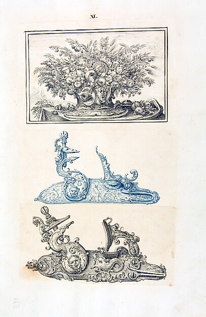 Album Page with Designs for Floral Ornament and Two Gunlocks