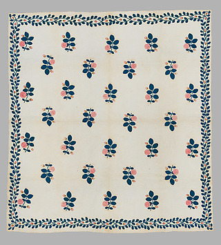 Quilt, appliqued, Cotton, embroidered with wool yarn, American