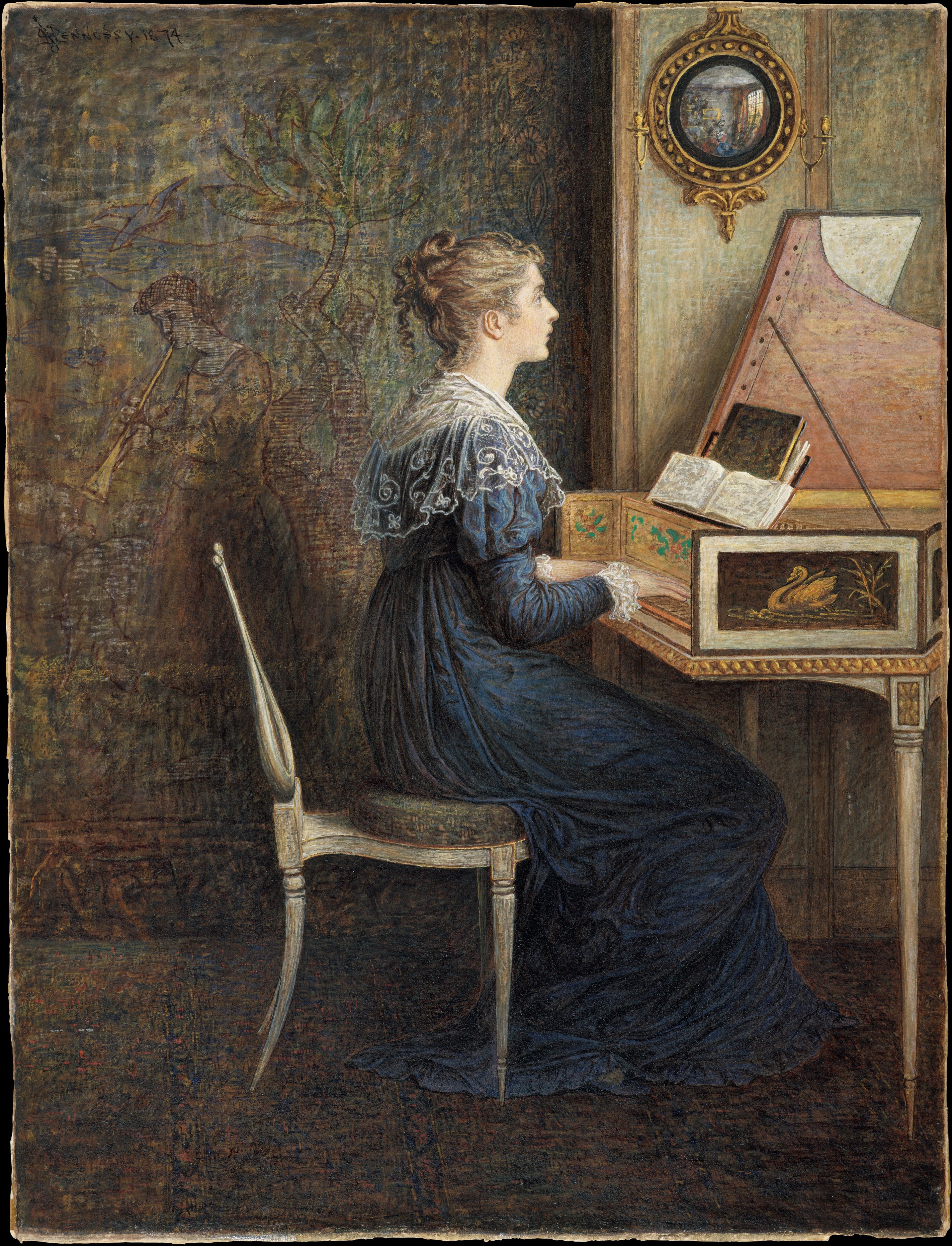 Игра на клавесине. Уильям Джон Хеннесси картины. William John Hennessy (1839–1917). 1879. Уильям Джон Хеннесси. Картины. У клавесина Вермеер.