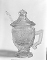 Covered Mustard Pot and Spoon, Lacy pressed glass