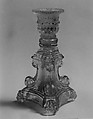 Candlestick, Lacy pressed glass, American