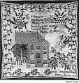 Embroidered sampler, Susan Bushey, Linen embroidered with silk, American
