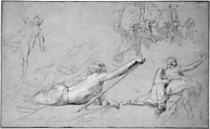 Study for "The Siege of Gibraltar": Figure Reaching; Sprawling Figures; Cheering Group; Dying Sailors, John Singleton Copley (American, Boston, Massachusetts 1738–1815 London), Black chalk and white-chalk heightening on light blue laid paper, American