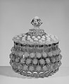 Covered Hobnail Sugar Bowl, Hobbs, Brockunier and Company American, Pressed cranberry, opalescent and colorless glass, American