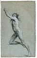 Study from Life: Nude Male, John Trumbull (American, Lebanon, Connecticut 1756–1843 New York), Black chalk and white-chalk heightening on blue laid paper, American