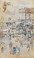 Variations in Violet and Grey—Market Place, Dieppe, James McNeill Whistler (American, Lowell, Massachusetts 1834–1903 London), Gouache and watercolor on off-white wove paper, mounted on academy board, American
