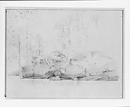 Study of Rocks and Trees by a Lake, Albert Bierstadt (American, Solingen 1830–1902 New York), Graphite on buff-colored wove paper, American