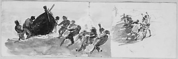 Men Hauling Lifeboat Ashore (from scrapbook), John Singer Sargent (American, Florence 1856–1925 London), Watercolor and graphite on off-white wove paper, American
