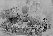 Man in Landscape with Temple on Hill in Background (from Scrapbook), John Singer Sargent (American, Florence 1856–1925 London), Graphite on off-white wove paper, American