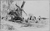 Windmill and Reapers (from Scrapbook), John Singer Sargent (American, Florence 1856–1925 London), Graphite on off-white wove paper, American