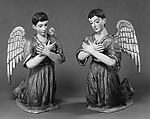 Kneeling angel (one of pair), Polychromed and gilded wood, stiffened polychromed cloth; hair and glass, Guatemalan