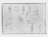 Man on Horseback, Woman Carrying a Jug, Figure with Halo, and other Figure Studies (from Switzerland 1870 Sketchbook), John Singer Sargent (American, Florence 1856–1925 London), Graphite on paper, American