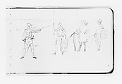 Sketches of Figures Bearing Arms (from Sketchbook), Albert Bierstadt (American, Solingen 1830–1902 New York), Graphite on wove paper with gilt edges, bound in a leather
 cover, American