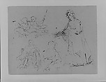 Five Figure Sketches: A Woman Descending a Staircase; Two Children Fishing; Male Seated; Woman Seated (from Sketchbook), Thomas Sully  American, Ink, wash, on paper, American
