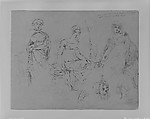 One Standing Woman; Two Seated Women in Fashionable Attire, All 3/4 Length; Two Female Heads in Bonnets (from Sketchbook), Thomas Sully American, Ink, wash, on paper, American