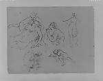 Dying Figure in the Arms of a Woman; Praying Woman; Standing Woman; Architectual Detail; Sleeping Figure (from Sketchbook), Thomas Sully American, Ink, wash, on paper, American