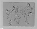 Two Female Nudes; Seated Male Nude (after Michelangelo?); Three Equestrian Figures (from Sketchbook), Thomas Sully (American, Horncastle, Lincolnshire 1783–1872 Philadelphia, Pennsylvania), Pen, iron-gaul ink and graphite on off-white laid paper, American