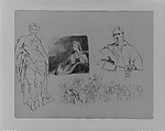 Standing Draped Female Figure; Portrait of a Cleric; Half-length Portrait of a Man; Figures with Wagons and Horses (Napoleon Scene?) (from Sketchbook), Thomas Sully American, Ink, wash, on paper, American