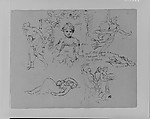 Portrait of Girl in Flower Bower, Walking Draped Female Figure, Angel, Dead Mother and Child, Three Draped Figures (from Sketchbook), Thomas Sully  American, Wash, graphite, on paper, American