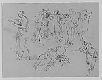Sketches of Two Women, a Man Fighting a Beast, Two Furniture Fragments (from Sketchbook), Thomas Sully American, Ink, graphite on paper, American