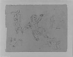 Draped Man from Rear (after Tintorietto?); Putto Making Bubbles (?); Shaded Figure in Radiance; Archway and Altar (?); Figure Composition (from Sketchbook), Thomas Sully  American, Ink, graphite on paper, American