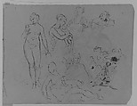 Seven Figure Sketches: Standing Female Nude with Fruit; Madonna and Child (?); Two Female Busts; Recumbent Semi-nude Figure, etc. (from Sketchbook), Thomas Sully  American, Ink, wash, on paper, American