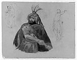 Half-length Bearded Man in Armor and Cape, Drawing Sword (Macbeth?); Three Standing Angels (or Witches?); Male Figure in Skins (from Sketchbook), Thomas Sully  American, Ink, wash, on paper, American