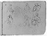 Sketchbook of Figure Studies, Thomas Sully (American, Horncastle, Lincolnshire 1783–1872 Philadelphia, Pennsylvania), Cardboard (cover)
Drawings in ink, wash, and graphite on light brown laid paper with fibers of mixed composition (sheets), American