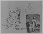 Portrait of a Cleric; Standing Man in Animal Skins; Portrait of a Woman; Man's Head (from Sketchbook), Thomas Sully  American, Ink, wash, on paper, American