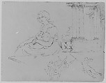 Seated Woman Holding Baby; Ionic Porch and Balustrade, Three Fleeting Figures (from Rubens Massacre of Innocents? Or Allegory of War) (from Sketchbook), Thomas Sully American, Ink, wash, on paper, American