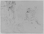 Doric Rotunda Interior with Curtains; Four Figure Studies, Including a Female Nude Bather with Putti, and a Martyrdom [of St. Bartholomew?] (from Sketchbook), Thomas Sully  American, Ink, wash, on paper, American