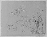 Male [Breaking Fall]; Male Gesturing Toward Dog; Female on Step Leaning Against Column by Foliage (from Sketchbook), Thomas Sully  American, Ink, wash, on paper, American