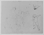 Standing Woman; Child Leaning by a Fishbowl; Weeping Putto; Mounted Soldier; Kicking Horse and Fallen Rider; Half-length Seated Figure; Rowboat (from Sketchbook), Thomas Sully  American, Ink, wash, on paper, American