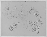 Three Seated Men Conversing; Two Recumbent Children; Back of an Athlete; Seated Male Figure (from Sketchbook), Thomas Sully  American, Ink, wash, on paper, American