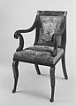 Armchair, John Banks (active 1818–after 1825), Mahogany, ash, maple, gilded wood and vert antique with French silk tapestry upholstery, American