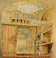 Design for Lyceum Theatre, New York, Louis C. Tiffany (American, New York 1848–1933 New York), Watercolor, pen and gold-colored bronze metallic ink, brown and black India ink, and graphite on tan-colored wove paper, American