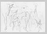 Man on Horseback, Woman Carrying a Jug, Figure with Halo, and other Figure Studies (from Switzerland 1870 Sketchbook), John Singer Sargent (American, Florence 1856–1925 London), Graphite on paper, American