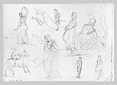 Man on Horseback, Woman Carrying a Jug, Figure with Halo, and other Figure Studies (from Switzerland 1870 Sketchbook), John Singer Sargent (American, Florence 1856–1925 London), Graphite on paper, American