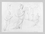 Man on Horseback, Woman Carrying a Jug, Figure with Halo, and other Figure Studies (from Switzerland 1870 Sketchbook), John Singer Sargent (American, Florence 1856–1925 London), Graphite on paper, American