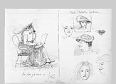 Man on Horseback, Woman Carrying a Jug, Figure with Halo, and other Figure Studies (from Switzerland 1870 Sketchbook), John Singer Sargent (American, Florence 1856–1925 London), Graphite on paper, American
