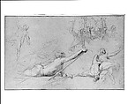 Study for "The Siege of Gibraltar": Figure Reaching; Sprawling Figures; Cheering Group; Dying Sailors, John Singleton Copley (American, Boston, Massachusetts 1738–1815 London), Black chalk and white-chalk heightening on light blue laid paper, American